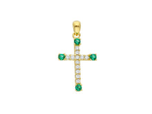 Load image into Gallery viewer, 18K YELLOW GOLD SMALL 12mm CROSS WITH WHITE & GREEN ROUND CUBIC ZIRCONIA.