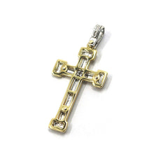 Load image into Gallery viewer, SOLID 18K YELLOW WHITE GOLD FLAT DOUBLE CROSS PENDANT 29mm 1.14", ITALY MADE.