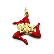 Load image into Gallery viewer, 18k yellow gold pendant, rounded trinacria 25mm, excavated back, red enamel.