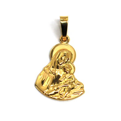 18K YELLOW GOLD VIRGIN MARY AND JESUS CHRIST 20mm FLAT VERY DETAILED PENDANT.
