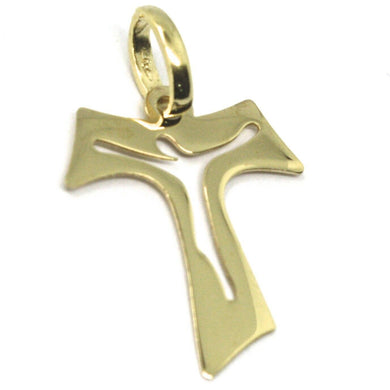 18k yellow gold cross, Franciscan tau tao Saint Francis with Jesus, 0.8 inches.
