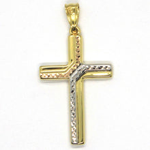 Load image into Gallery viewer, 18K YELLOW WHITE ROSE GOLD FINELY WORKED HAMMERED SQUARE CROSS, MADE IN ITALY.