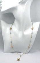 Charger l'image dans la galerie, 18k yellow gold lariat necklace faceted 6mm oval aquamarine pink pearls zirconia.