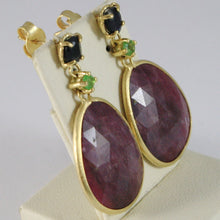 Load image into Gallery viewer, 9k yellow gold pendant earrings, drop ruby, green peridot and blue sapphire.