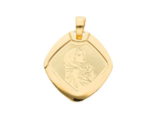 Load image into Gallery viewer, 18K YELLOW GOLD RHOMBUS MEDAL PENDANT WITH VIRGIN MARY AND JESUS MADE IN ITALY.