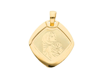 18K YELLOW GOLD RHOMBUS MEDAL PENDANT WITH VIRGIN MARY AND JESUS MADE IN ITALY.