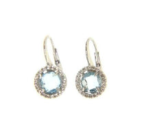Cargar imagen en el visor de la galería, 18k white gold leverback earrings cushion blue topaz and cubic zirconia frame.