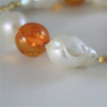 Cargar imagen en el visor de la galería, 18k yellow gold bracelet with strand of pearls and amber 7.87 in made in Italy.
