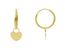 Load image into Gallery viewer, 18K YELLOW GOLD EARRINGS, ROUND 14mm CIRCLE HOOPS, SMALL PENDANT 8mm HEARTS.