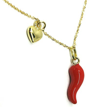 Load image into Gallery viewer, 18K YELLOW GOLD NECKLACE WITH RED ENAMEL MINI HORN CORNICELLO & HEART PENDANT, 16.5" CHAIN.