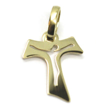 Load image into Gallery viewer, 18k yellow gold cross, Franciscan tau tao Saint Francis with Jesus, 0.6 inches.