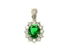 Load image into Gallery viewer, 18k white gold flower pendant big oval green 9x7mm crystal, cubic zirconia frame.