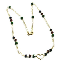 Load image into Gallery viewer, 18k yellow gold heart necklace, faceted green emerald, red ruby, blue sapphire.