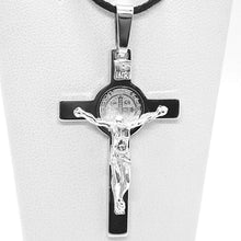 Load image into Gallery viewer, 18k white gold cross, Jesus & saint Benedict medal, big 2.1 inches, Italy made.