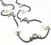 Charger l'image dans la galerie, 18k yellow gold long 35" 90cm necklace lapis lazuli big drop white & gray pearls.