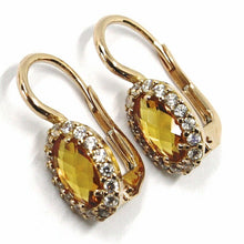 Cargar imagen en el visor de la galería, 18k rose gold leverback flower earrings oval yellow crystal cubic zirconia frame.