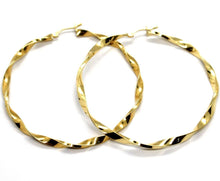 Cargar imagen en el visor de la galería, 18k yellow gold big circle hoops faceted braid rope earrings 55 mm x 3 mm, Italy.