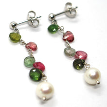 Load image into Gallery viewer, 18k white gold pendant earrings, pearl, green and red drop tourmaline 1.7 inches.