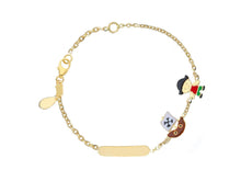 Load image into Gallery viewer, 18k yellow gold kid child boy enamel bracelet boat pirate plate rolo chain.
