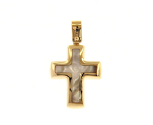 Cargar imagen en el visor de la galería, 18k yellow gold 17mm rounded stylized cross with mother of pearl pendant.