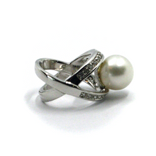 Load image into Gallery viewer, 18k white gold doble crossed ring, big australian 12mm pearl and diamonds frame.