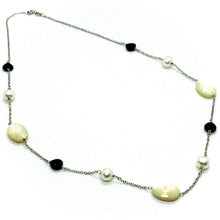 Charger l'image dans la galerie, 18k white gold necklace alternate pearl, oval mother of pearl, spinel rolo chain.