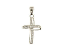 Load image into Gallery viewer, 18K WHITE GOLD 13mm ONDULATE FLOWER CROSS WITH WHITE ROUND CUBIC ZIRCONIA.