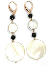 Charger l'image dans la galerie, 18k rose gold pendant earrings, mother of pearl disc, onyx, 3.1 inches length.