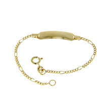 Load image into Gallery viewer, 18k yellow gold boy girl baby bracelet engraving plate 5+1 figaro chain 5.1-5.9&quot;.
