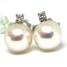 Load image into Gallery viewer, 18k white gold earrings with white round akoya pearls 7.5 mm and diamonds.