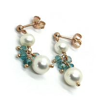 Charger l'image dans la galerie, 18k rose gold pendant earrings, with white pearls and bunch of blue crystals.