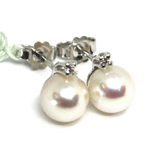 Load image into Gallery viewer, 18k white gold earrings with white round akoya pearls 7.5 mm and diamonds.