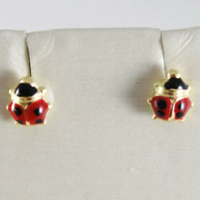 Cargar imagen en el visor de la galería, 18k yellow gold earrings mini 5mm glazed ladybird ladybug for kids made in Italy.