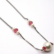 Charger l'image dans la galerie, 18k white gold necklace, white pearl, pink tourmaline, rolo & venetian chain.
