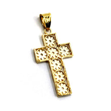 Load image into Gallery viewer, 18K YELLOW WHITE GOLD SQUARED FINELY WORKED CROSS WITH FLOWERS, 25mm 1.0".