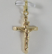 Cargar imagen en el visor de la galería, 18K YELLOW GOLD CROSS WITH JESUS, ROUNDED TUBE, SHINY 1.22 INCHES, MADE IN ITALY.