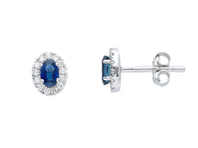 Load image into Gallery viewer, 18k white gold earrings oval 0.69ct sapphires & diamonds frame, 0.8mm length.