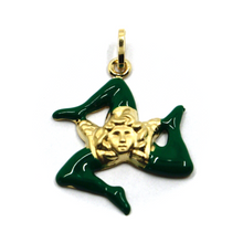 Load image into Gallery viewer, 18k yellow gold pendant, rounded trinacria 25mm, excavated back, green enamel.