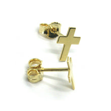 Cargar imagen en el visor de la galería, 18K YELLOW GOLD EARRINGS SMALL FLAT CROSS, SHINY, SMOOTH, 10mm, MADE IN ITALY.