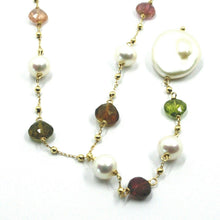 Cargar imagen en el visor de la galería, 18k yellow gold 17.3" 44cm necklace faceted tourmaline drops pearls, balls chain.