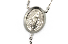 Load image into Gallery viewer, 18k white gold rosary necklace miraculous medal Jesus cross, diamond cut spheres.
