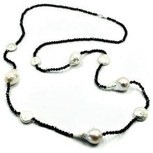 Load image into Gallery viewer, 18k white gold long 35" 90cm necklace faceted black spinel big drop disc pearls.