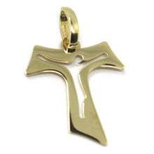Load image into Gallery viewer, 18k yellow gold cross, Franciscan tau tao Saint Francis with Jesus, 0.8 inches.
