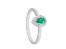 Load image into Gallery viewer, solid 18k white gold ring with drop cut emerald 0.17 carats and diamonds frame.