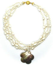 Charger l'image dans la galerie, 18k yellow gold 4 wires multi strand necklace flower mother of pearl oval pearls.