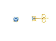 Load image into Gallery viewer, 18k yellow gold stud four prong earrings with round 4mm blue cubic zirconia.