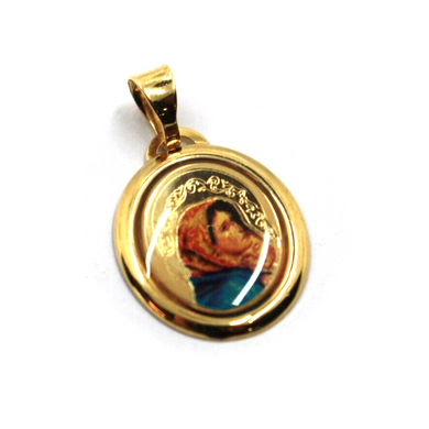 18k yellow gold enamel oval medal, 17x15mm, Virgin Mary and Jesus Christ.