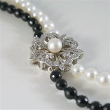 Load image into Gallery viewer, solid 18k white gold necklace with round pearls, onyx and diamonds made in Italy.