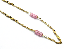 Load image into Gallery viewer, 18k yellow gold rolo spiral anklet 9.8" 25cm with faceted pink 3mm quartz.