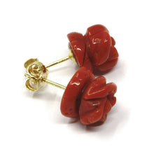 Load image into Gallery viewer, 18k yellow gold red coral flower roses button earrings, 8.5 mm, 0.33 inches.